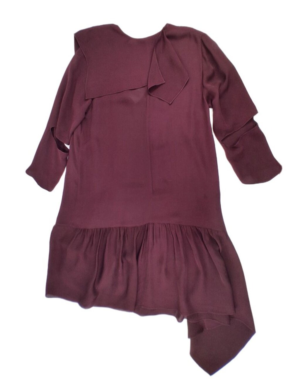 Morgane Le Fay Burgundy Silk Asymmetric V-Neck Draped Handkerchief Hem Dress M - Picture 8 of 15